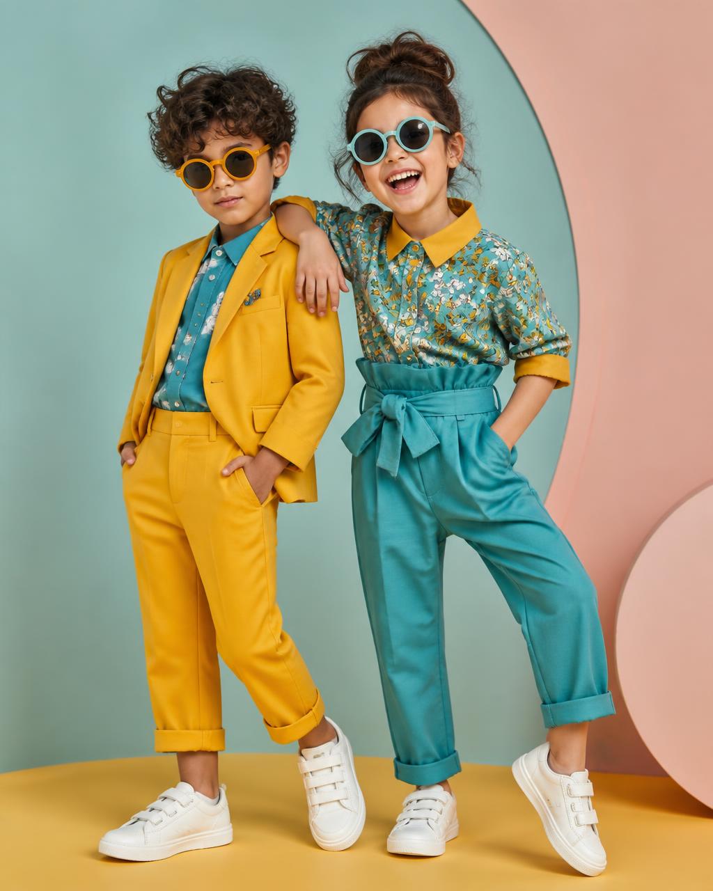 Two children in bright mustard and teal designer outfits