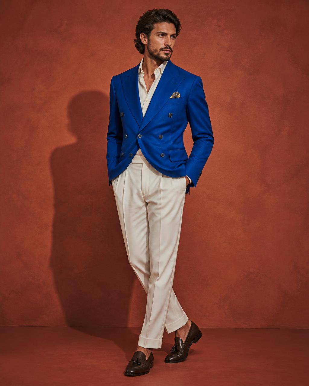 Man in a cobalt double-breasted blazer with cream trousers